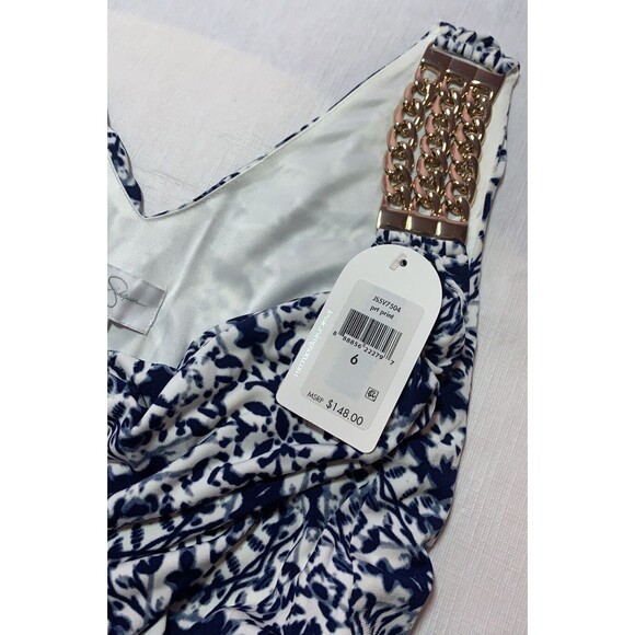 Jessica Simpson Dress maxi Blouson Belt Gown M Gold Chain elastic wedding Greek - Picture 11 of 16